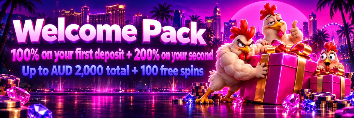 Glossy pink and violet welcome banner with three expressive chickens gathered around two ribbon-wrapped gift boxes.